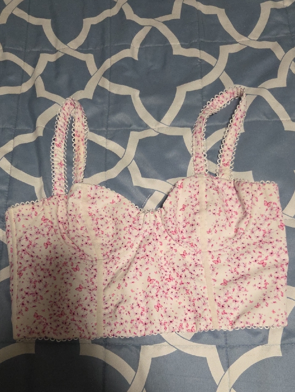 White Fox Boutique White and Pink Floral Cropped Bustier Top